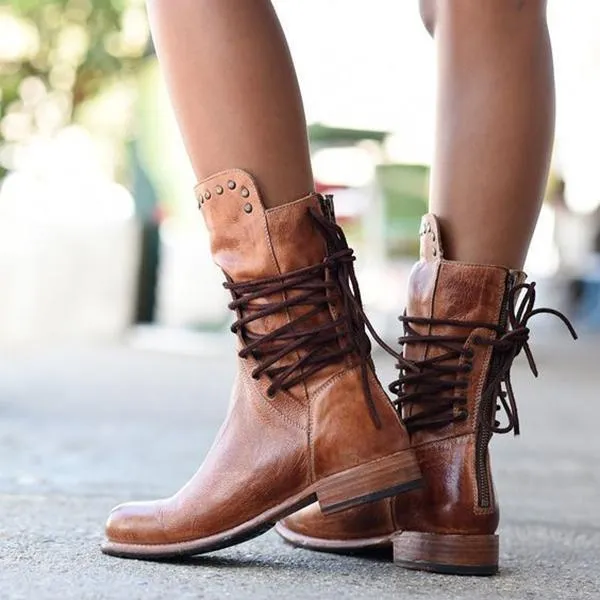 Back Zipper Vintage Lace-Up Holiday Mid-calf Boots