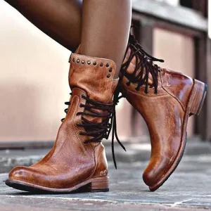 Back Zipper Vintage Lace-Up Holiday Mid-calf Boots
