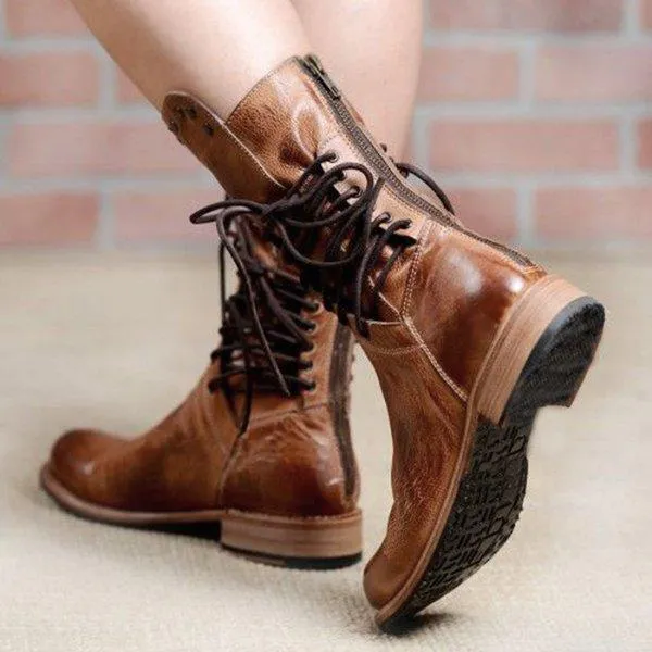Back Zipper Vintage Lace-Up Holiday Mid-calf Boots