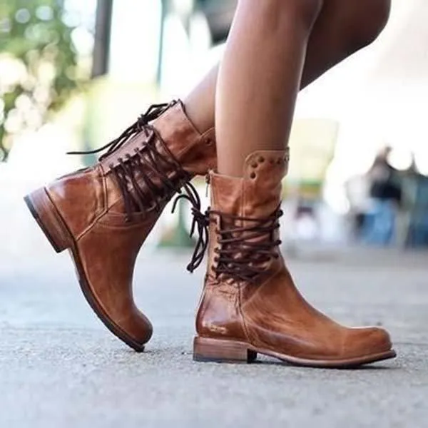 Back Zipper Vintage Lace-Up Holiday Mid-calf Boots