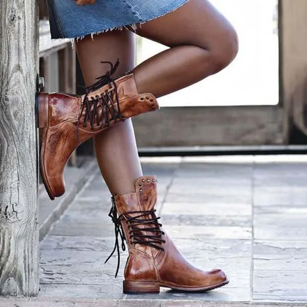 Back Zipper Vintage Lace-Up Holiday Mid-calf Boots