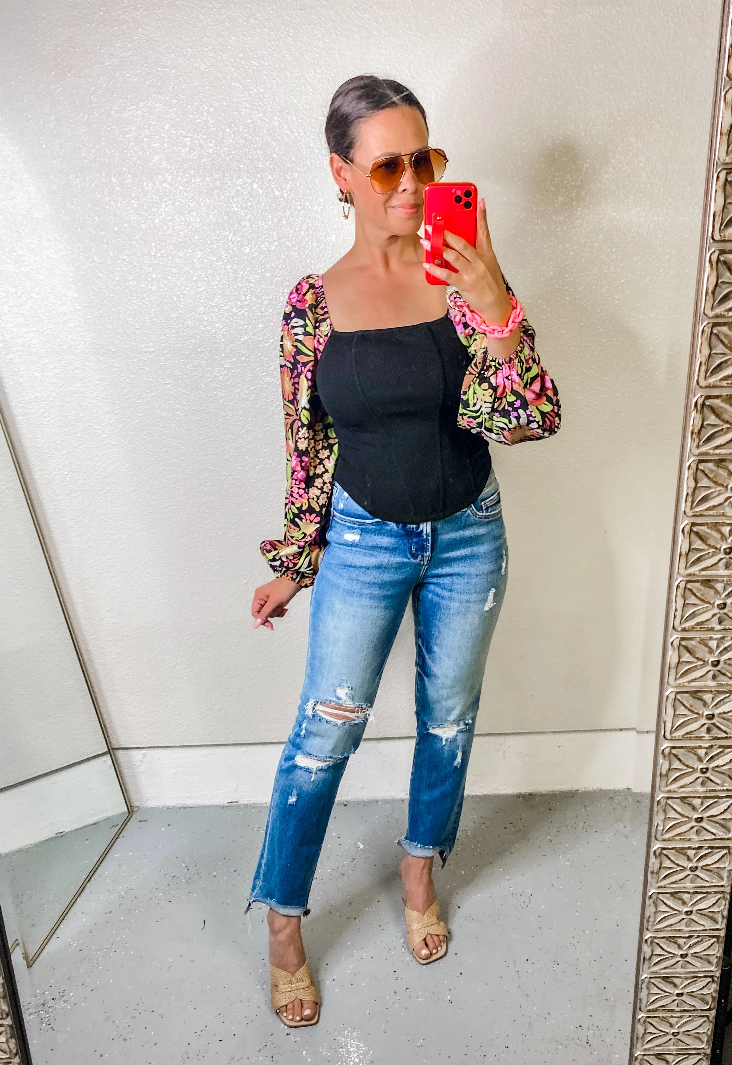 BAYEAS Mid Rise Distressed Ripped Straight Jeans