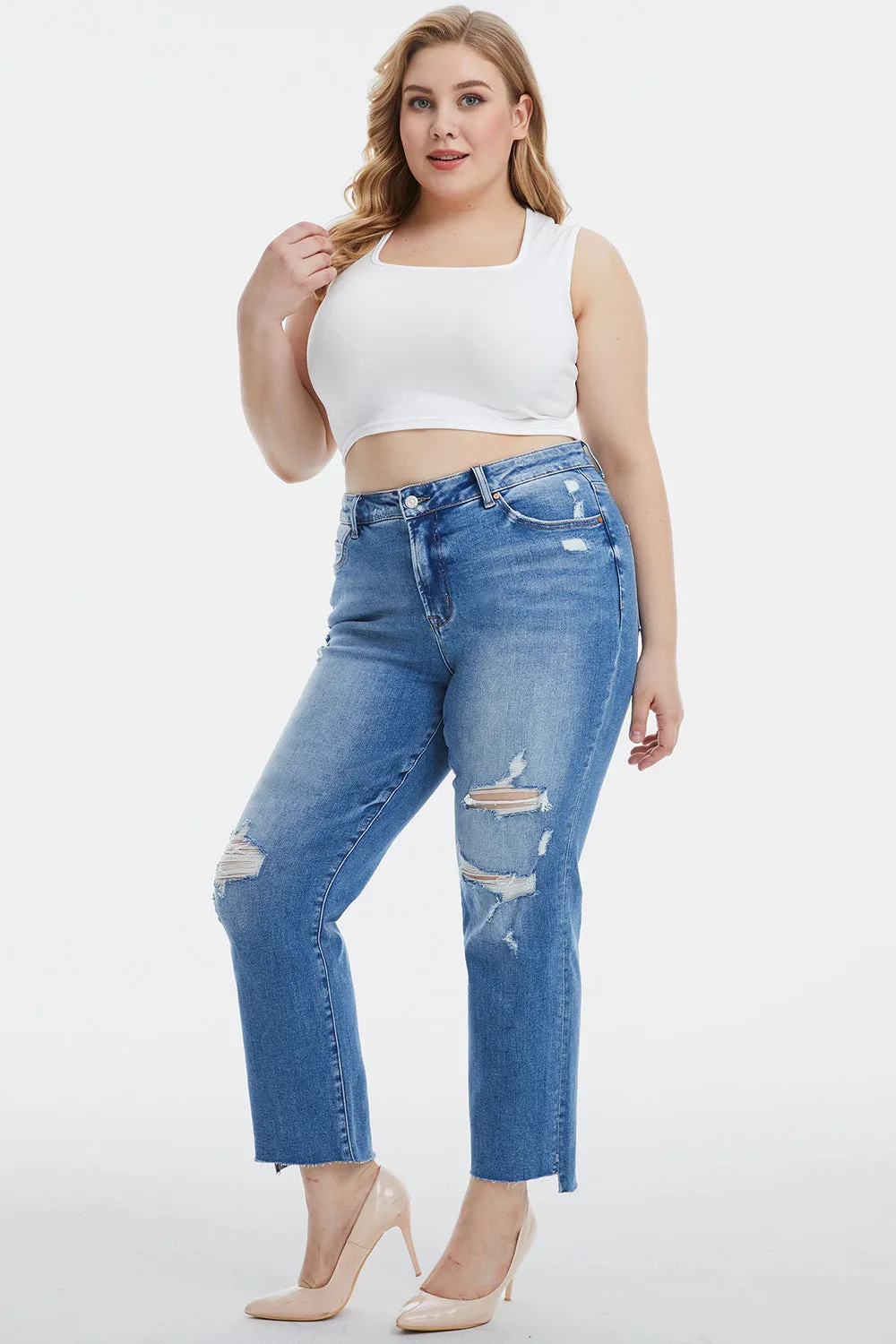 BAYEAS Mid Rise Distressed Ripped Straight Jeans