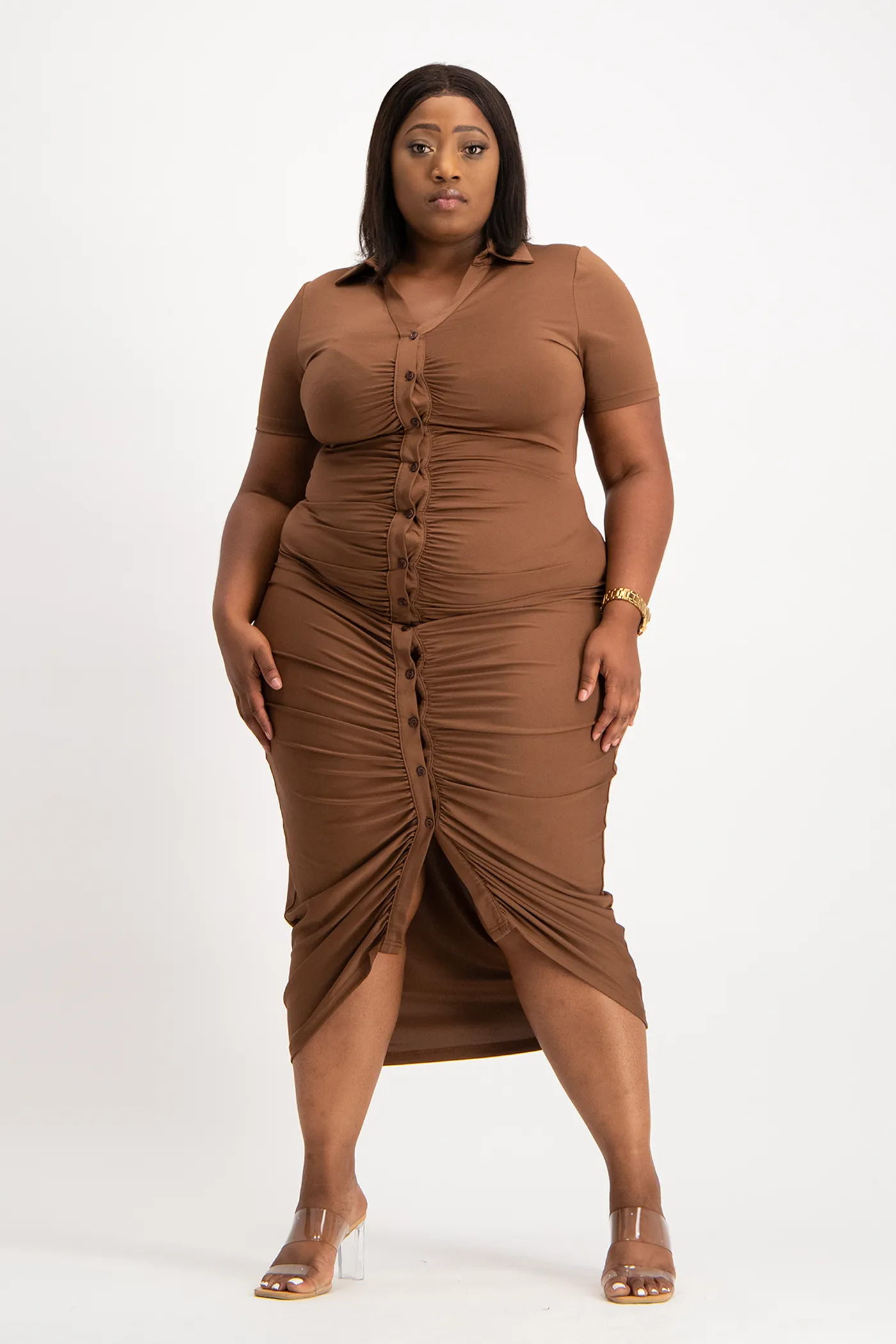 Bella Short Sleeve Ruched Midi Dress - Pinecone