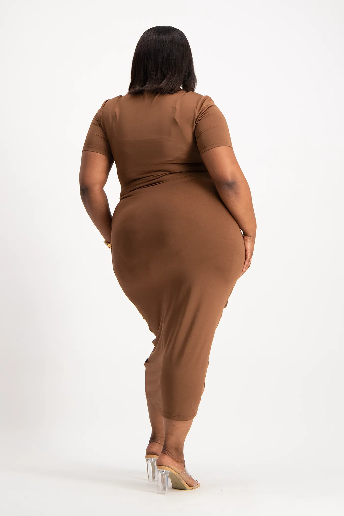 Bella Short Sleeve Ruched Midi Dress - Pinecone