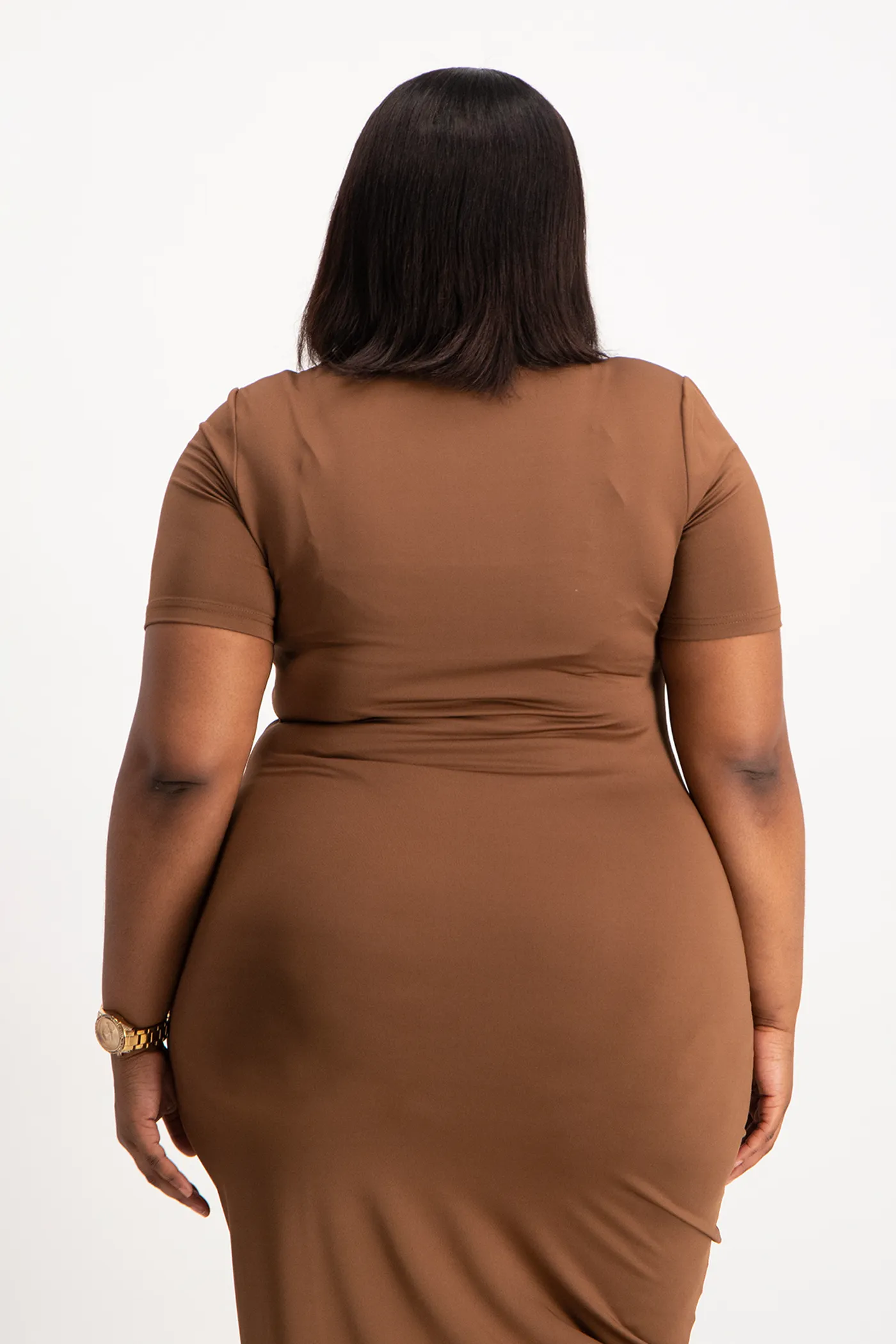 Bella Short Sleeve Ruched Midi Dress - Pinecone