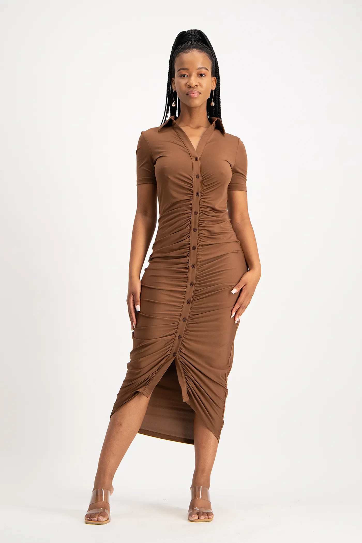 Bella Short Sleeve Ruched Midi Dress - Pinecone