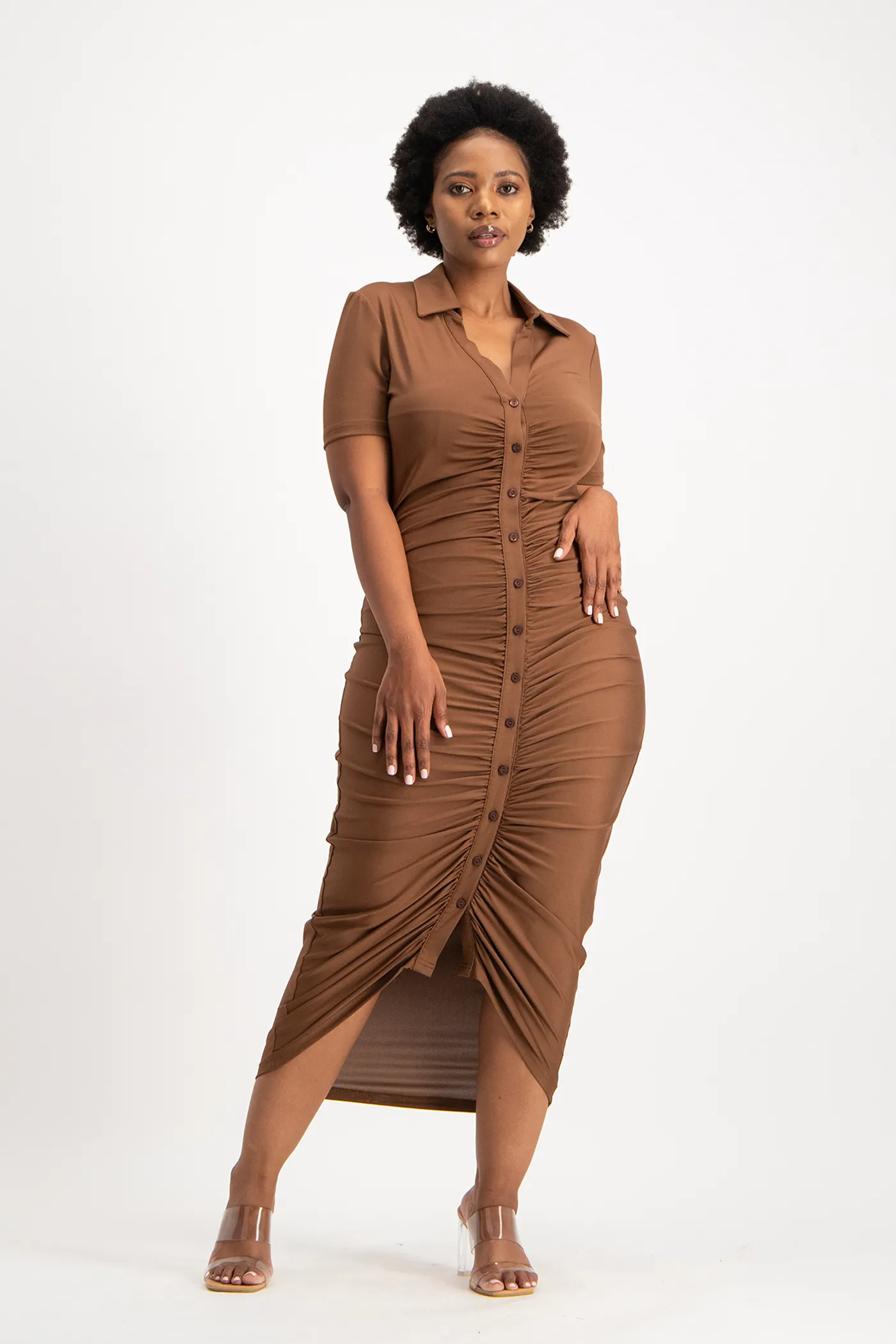 Bella Short Sleeve Ruched Midi Dress - Pinecone