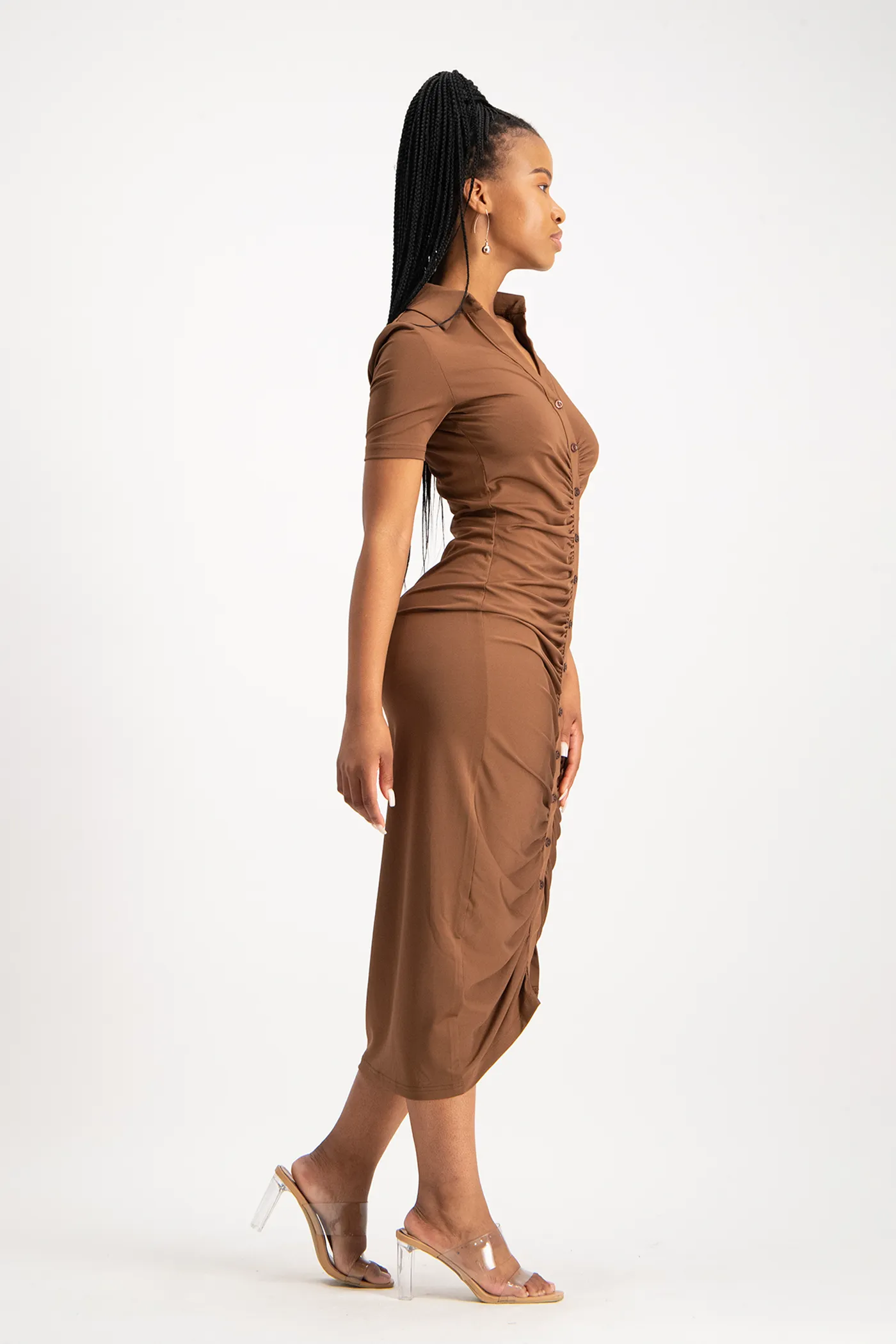 Bella Short Sleeve Ruched Midi Dress - Pinecone