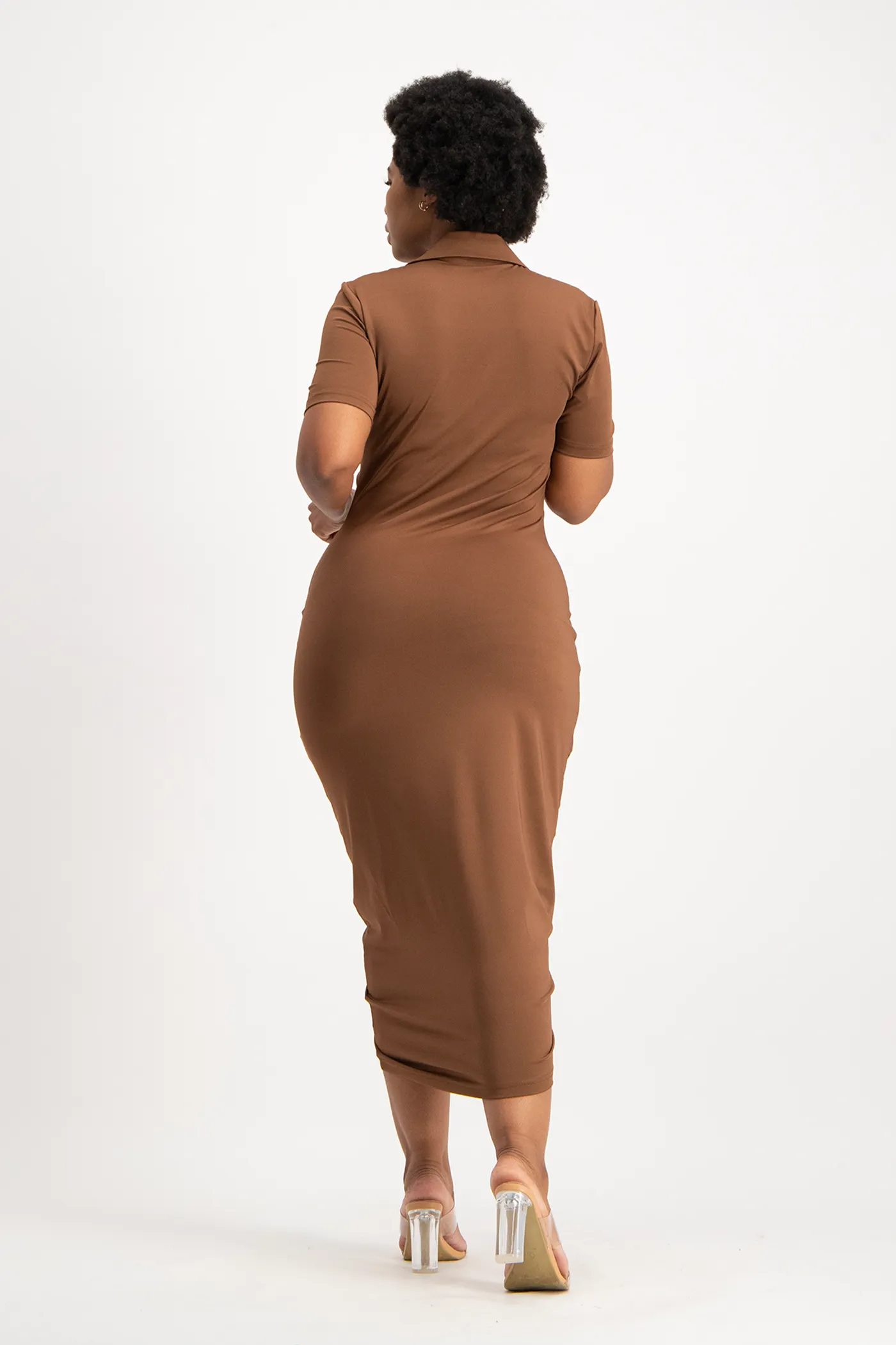 Bella Short Sleeve Ruched Midi Dress - Pinecone