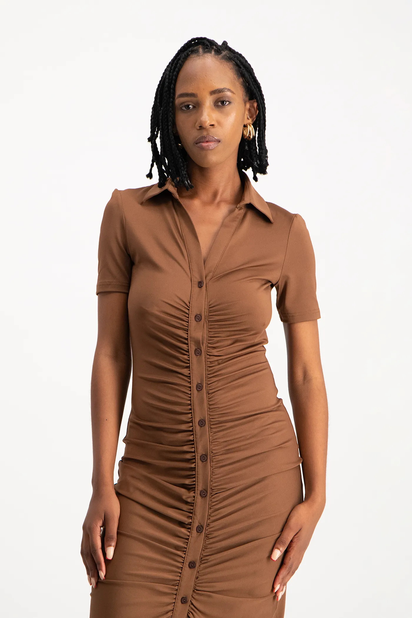 Bella Short Sleeve Ruched Midi Dress - Pinecone