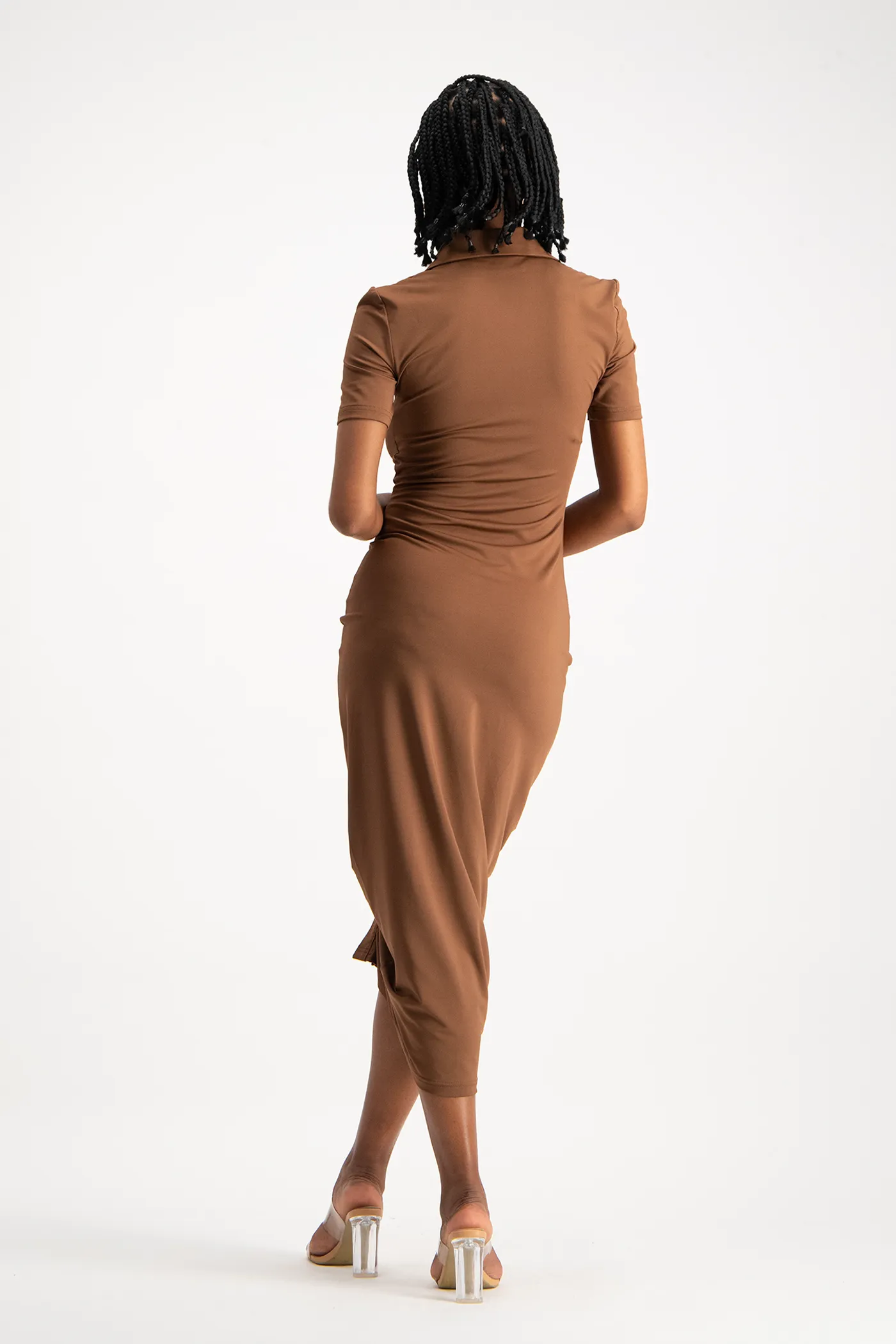 Bella Short Sleeve Ruched Midi Dress - Pinecone