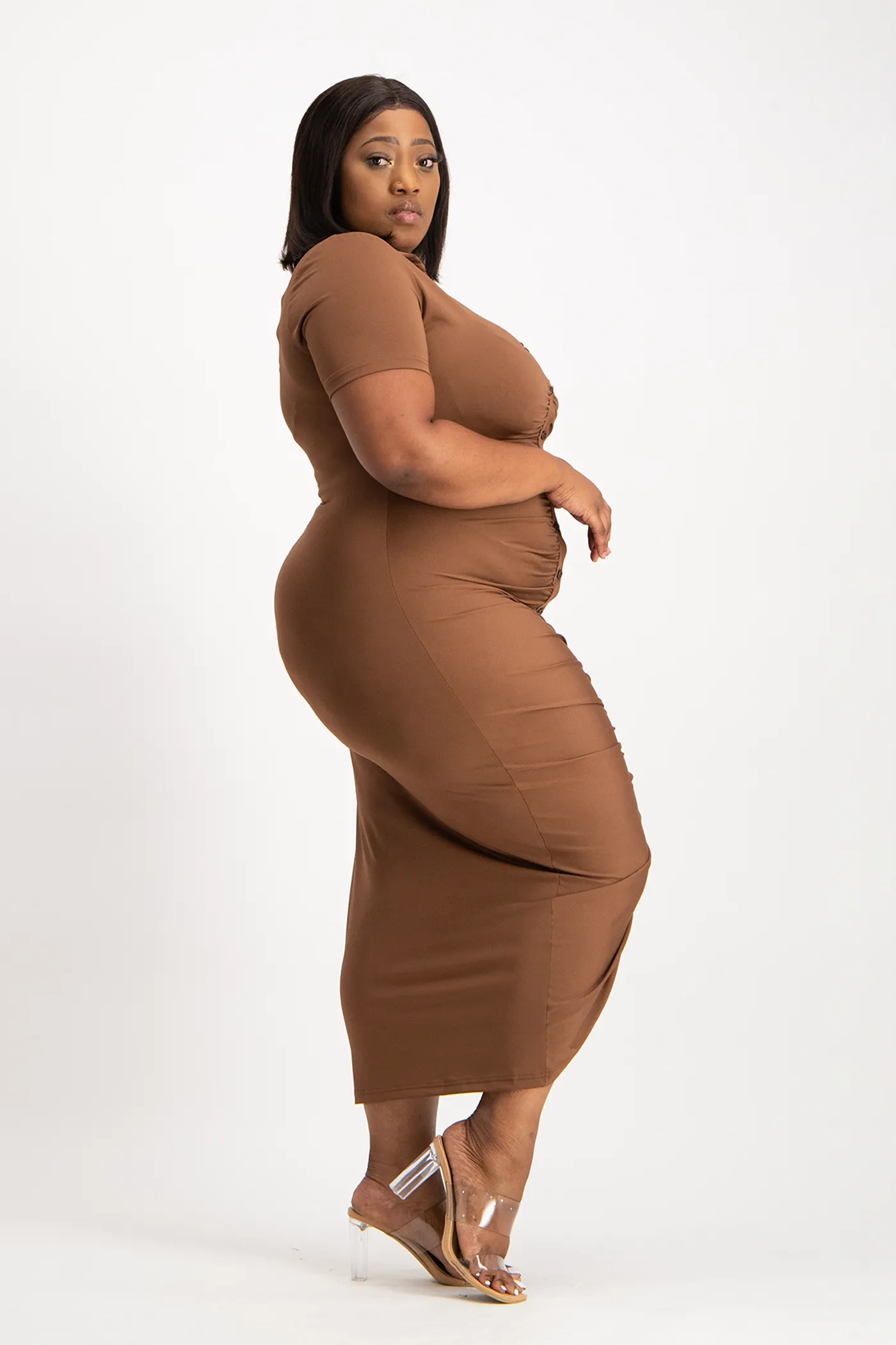 Bella Short Sleeve Ruched Midi Dress - Pinecone