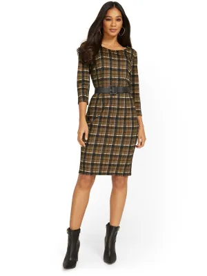 Belted Plaid Sheath Dress