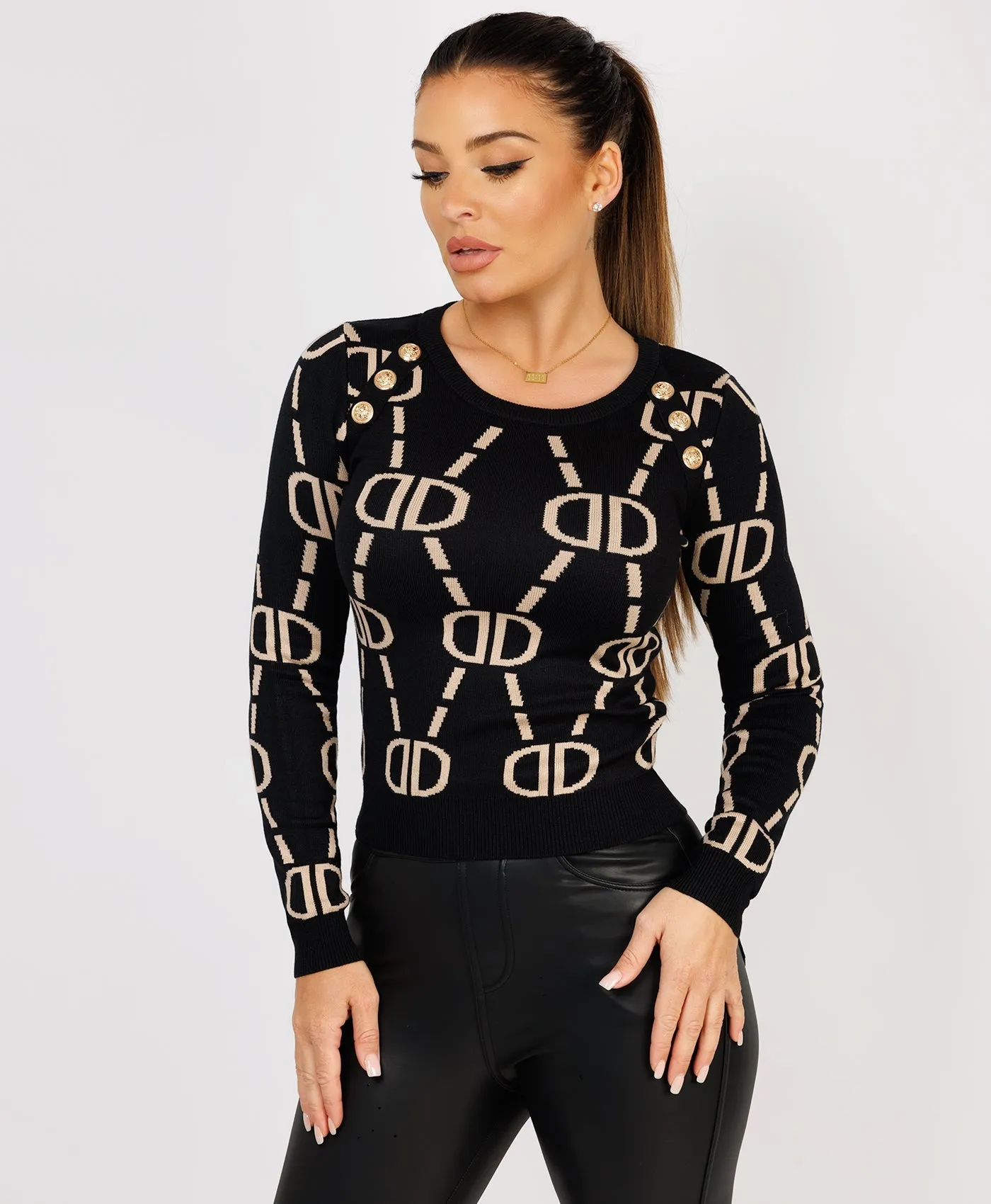 Black Beige D Patterned Monogram Knitted Gold Button Jumper Top