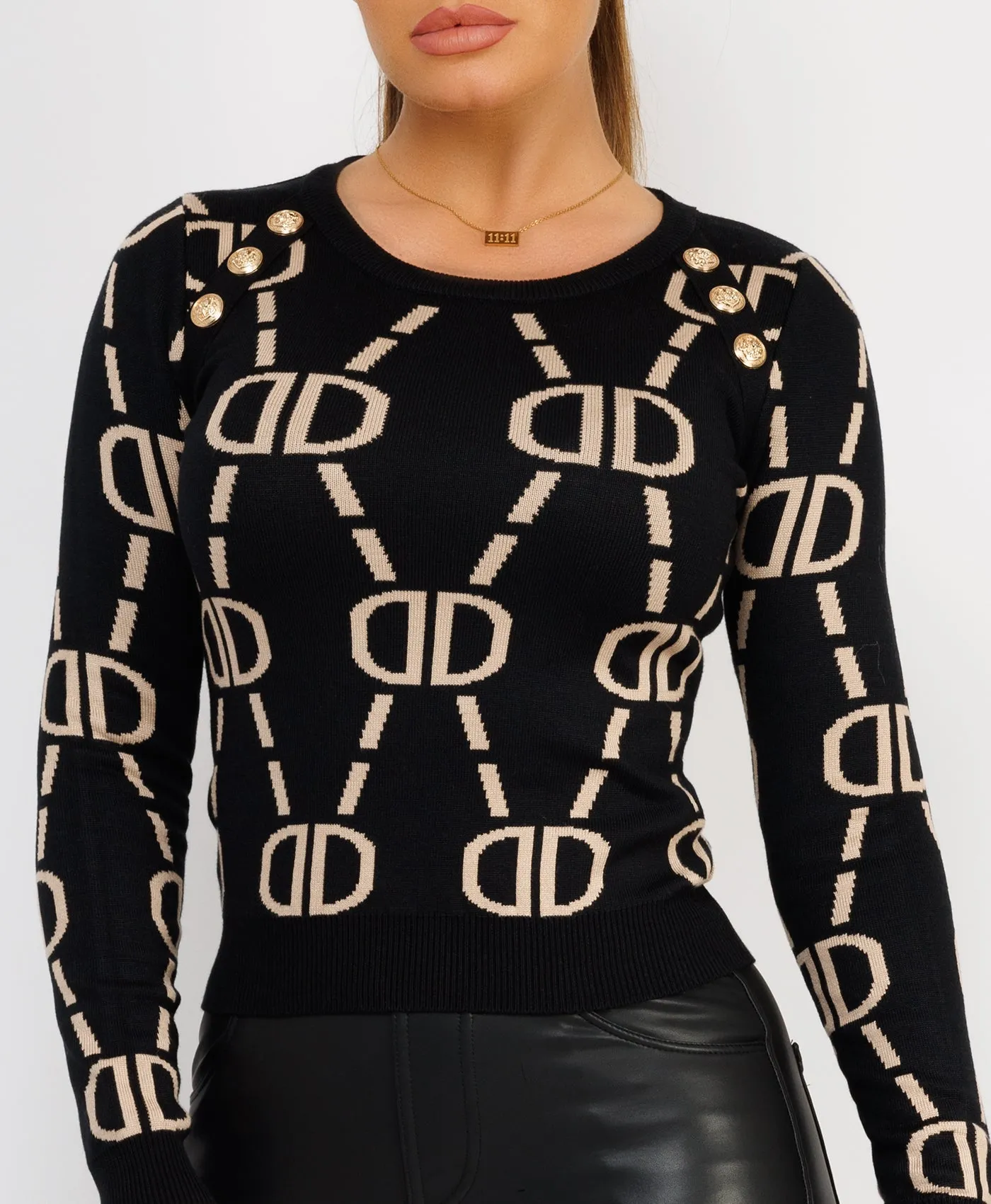 Black Beige D Patterned Monogram Knitted Gold Button Jumper Top