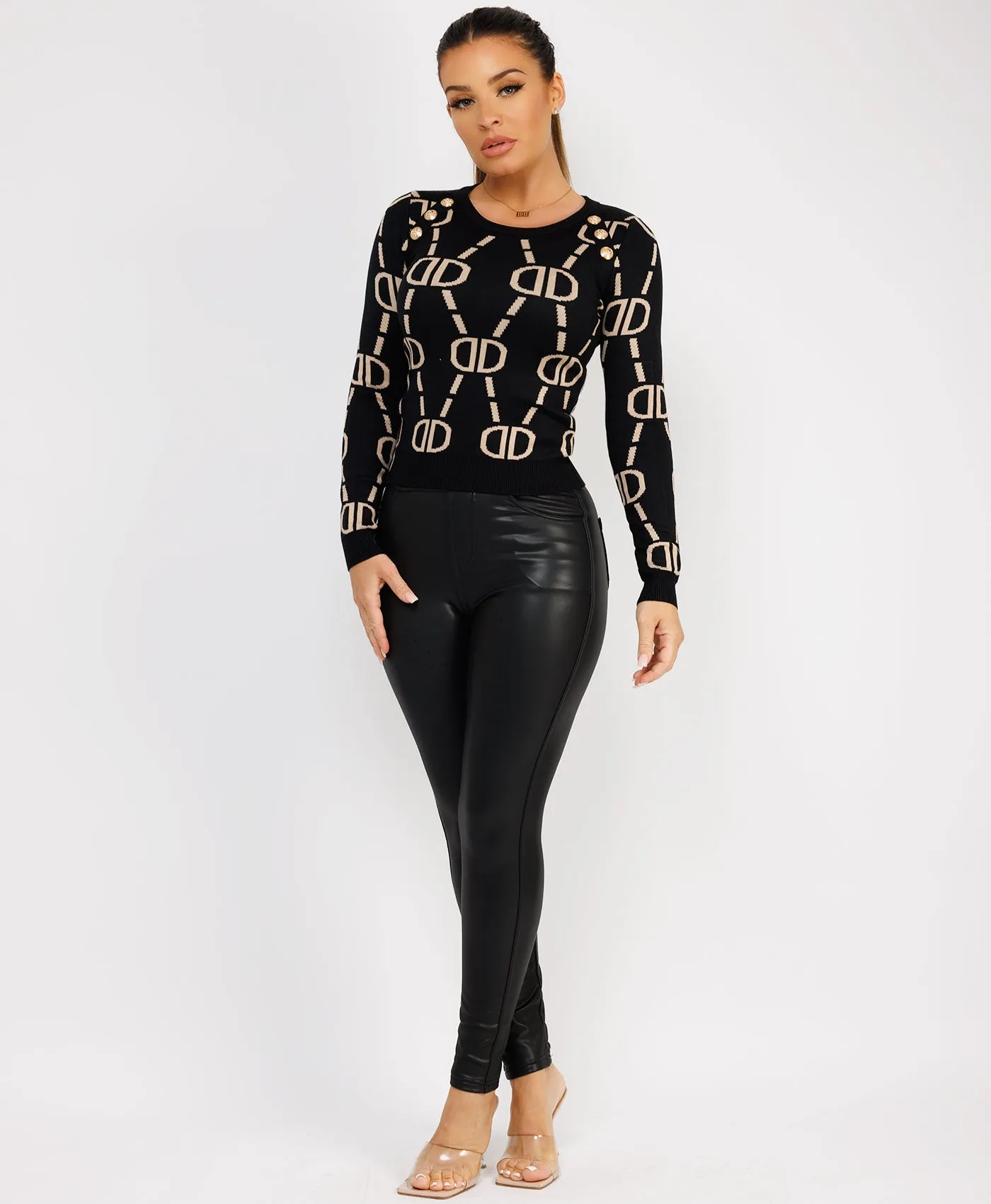 Black Beige D Patterned Monogram Knitted Gold Button Jumper Top