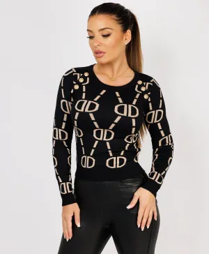 Black Beige D Patterned Monogram Knitted Gold Button Jumper Top