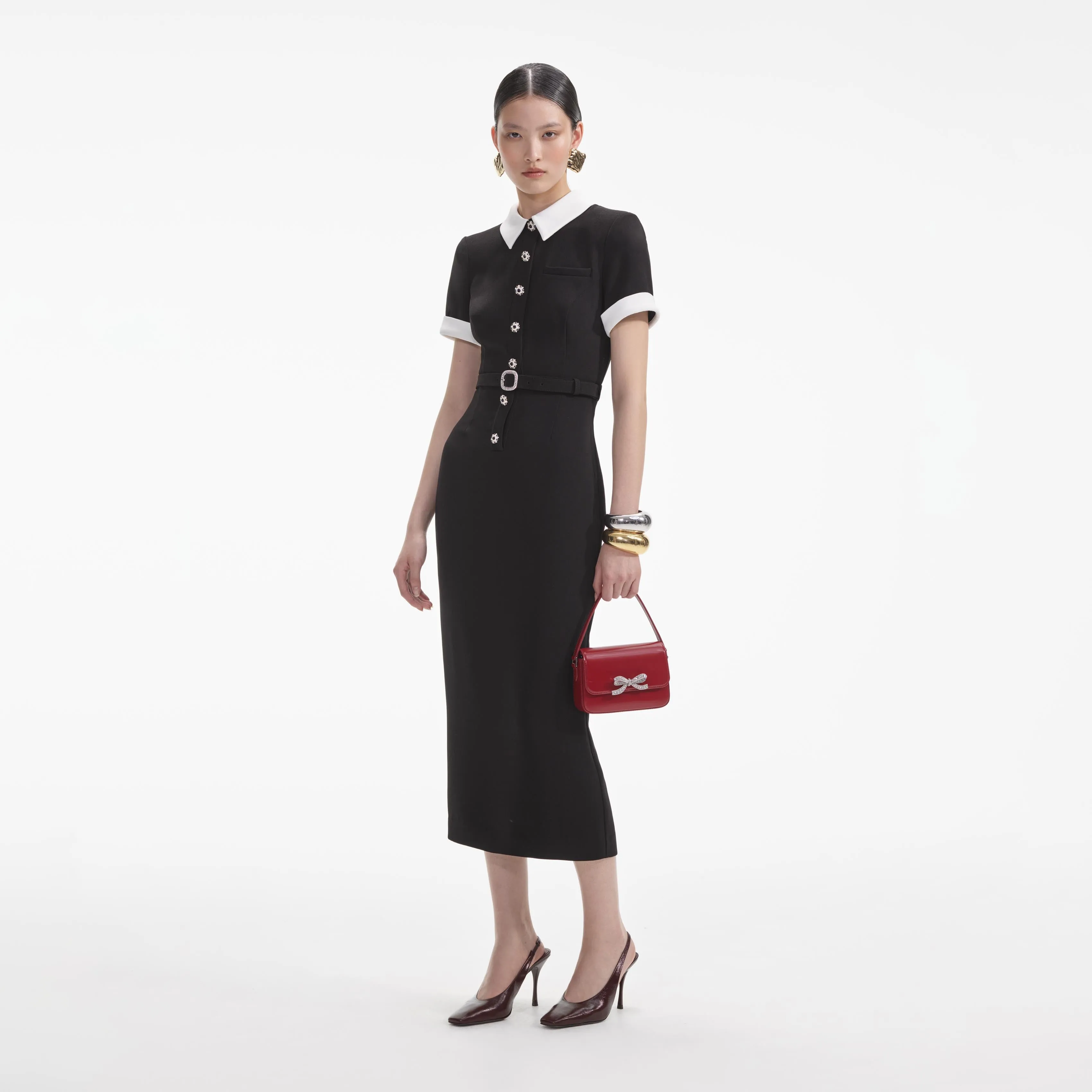 Black Crepe Contrast Midi Dress