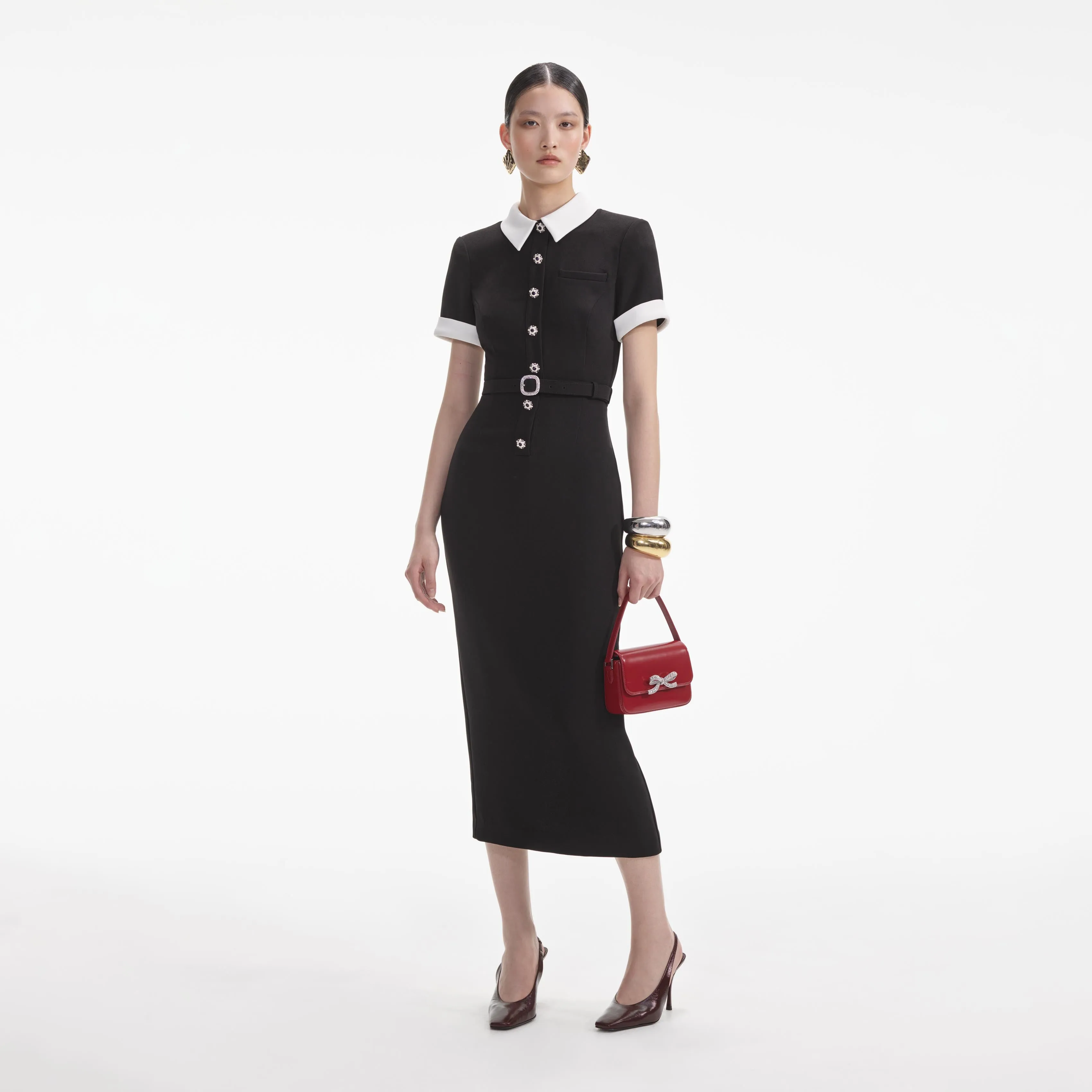 Black Crepe Contrast Midi Dress