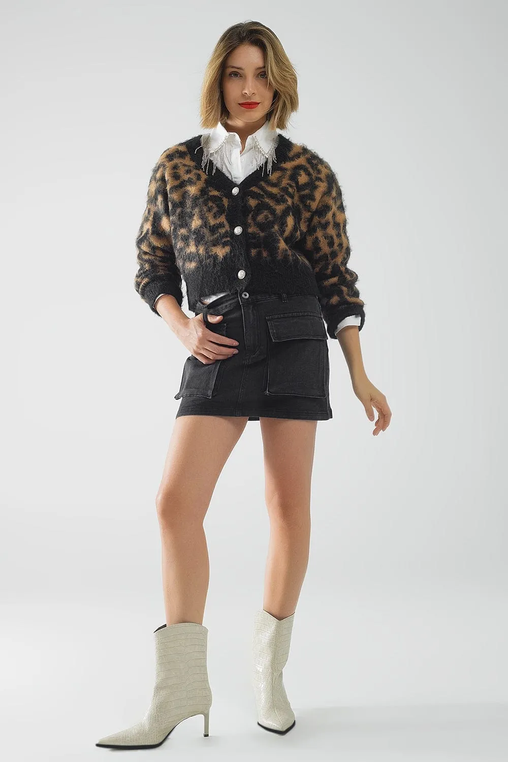 Black Denim Miniskirt With Cargo Pockets