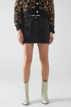 Black Denim Miniskirt With Cargo Pockets