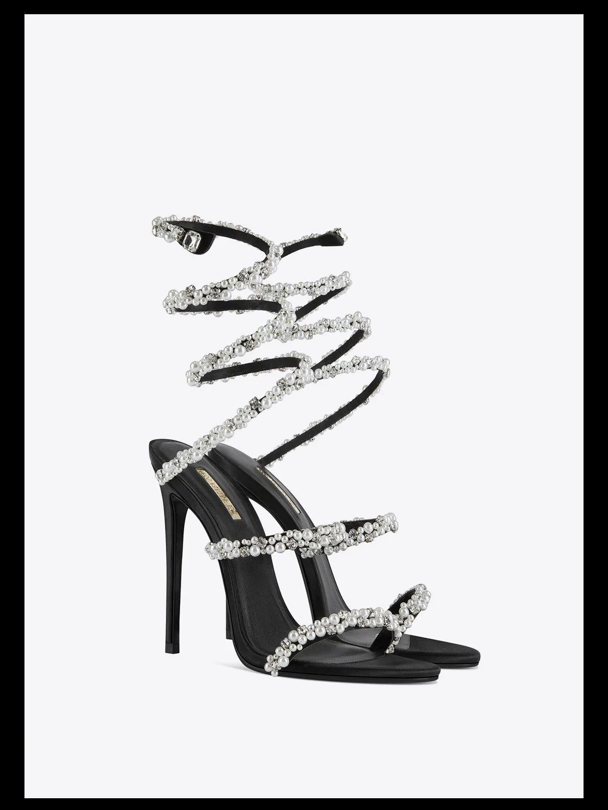Black pearl rhinestone ankle scoil sexy open toe high heels stiletto sandals - Nooi
