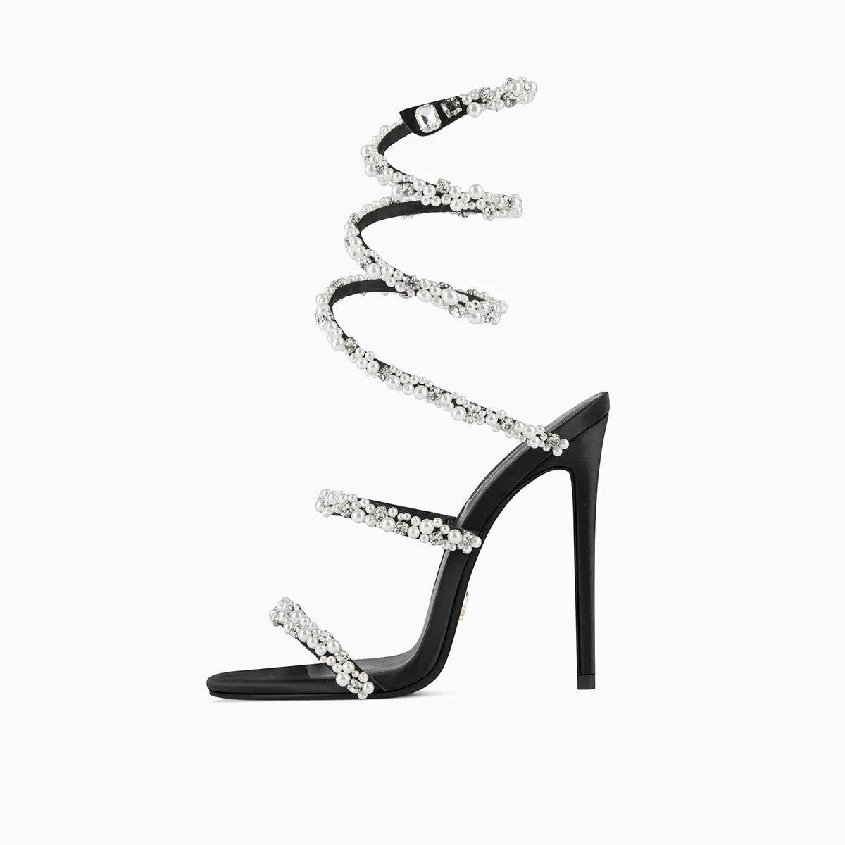 Black pearl rhinestone ankle scoil sexy open toe high heels stiletto sandals - Nooi