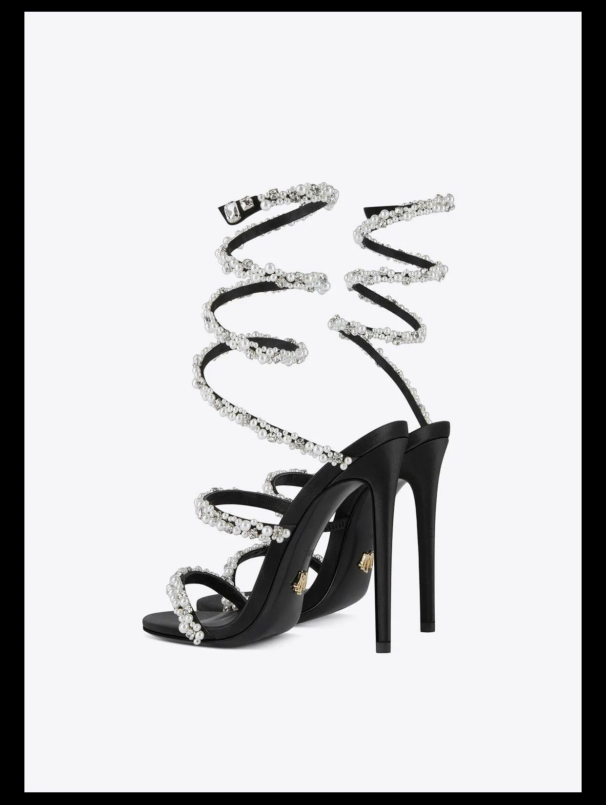 Black pearl rhinestone ankle scoil sexy open toe high heels stiletto sandals - Nooi