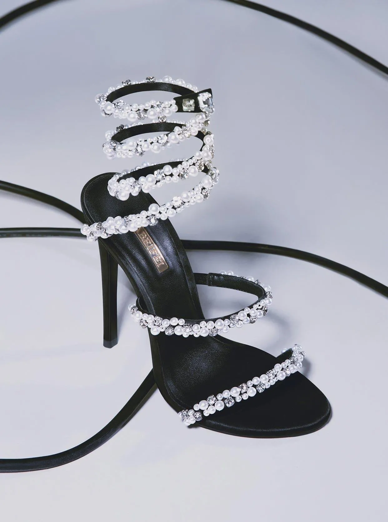 Black pearl rhinestone ankle scoil sexy open toe high heels stiletto sandals - Nooi