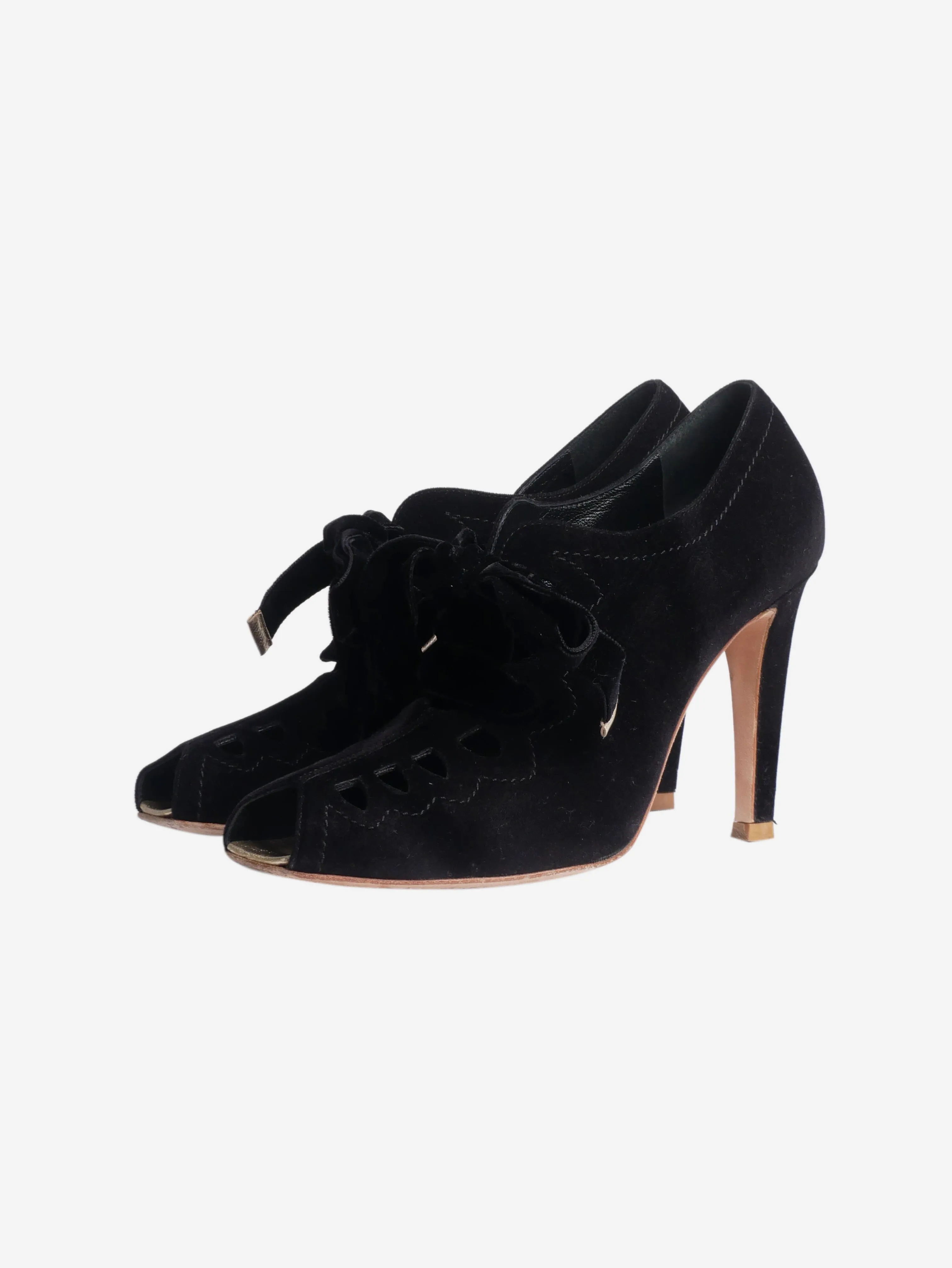 Black velvet lace up cutout heels - size EU 39