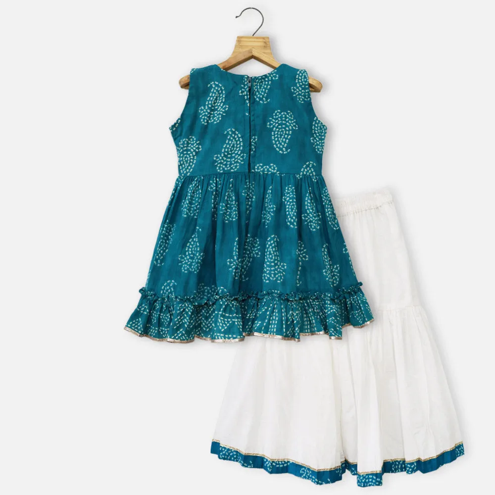 Blue & Red Cotton Kurta With White Sharara & Dupatta