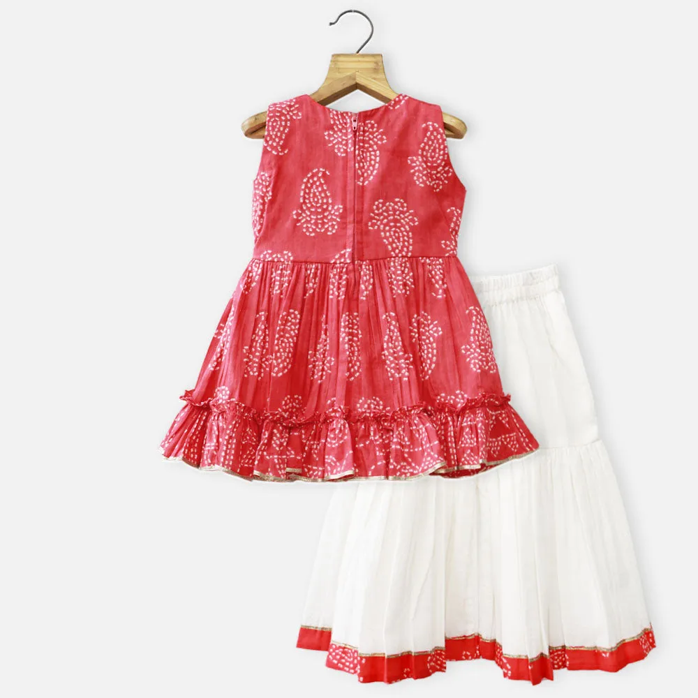 Blue & Red Cotton Kurta With White Sharara & Dupatta