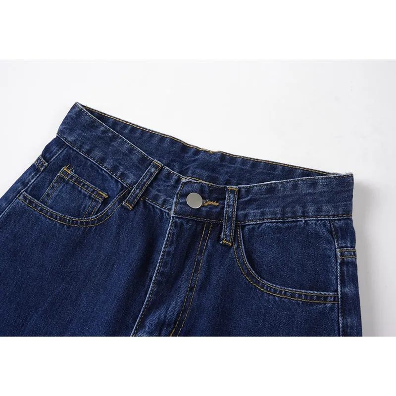 Blue High Waist Women& Straight Jeans Black Vintage Wide Leg Pants