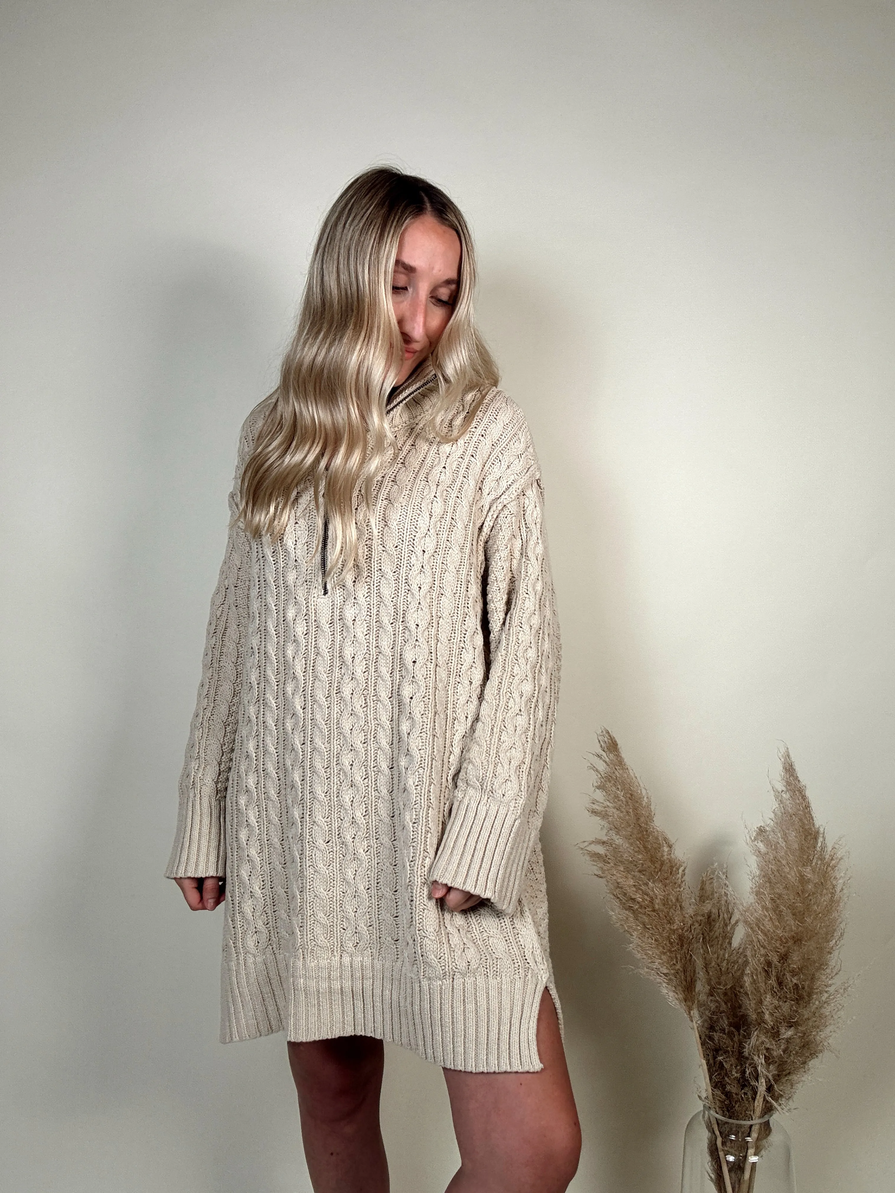 Cable-Knit Mini Sweater Dress - Cream