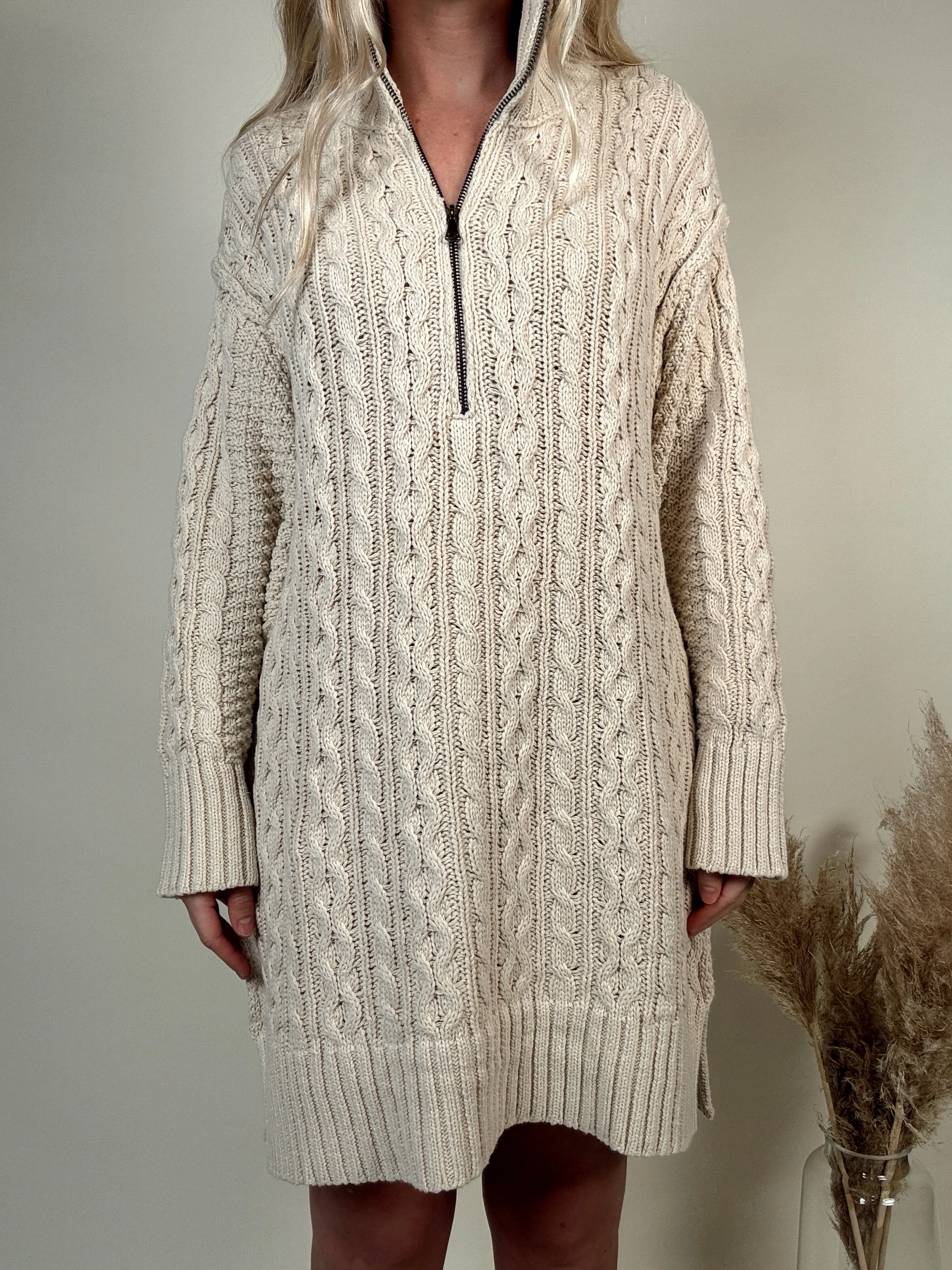 Cable-Knit Mini Sweater Dress - Cream
