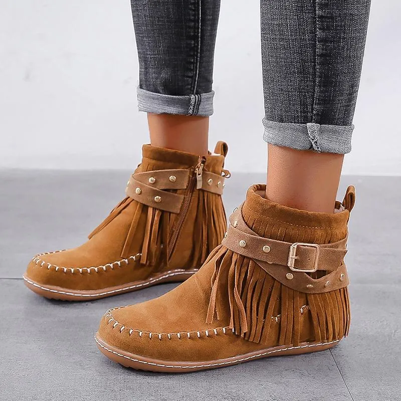 Chicvane New Women's Tassels Studded Flat Heel Ankle Boots With Side Zipper