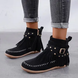 Chicvane New Women's Tassels Studded Flat Heel Ankle Boots With Side Zipper