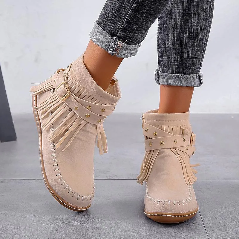 Chicvane New Women's Tassels Studded Flat Heel Ankle Boots With Side Zipper