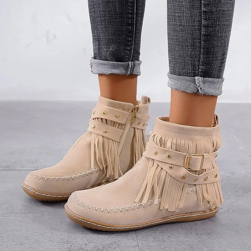 Chicvane New Women's Tassels Studded Flat Heel Ankle Boots With Side Zipper