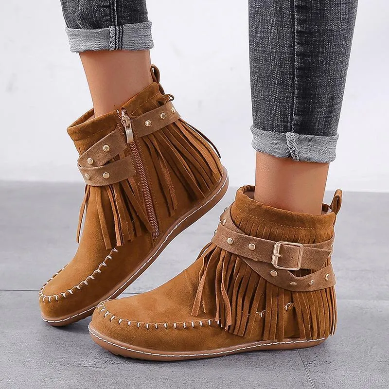 Chicvane New Women's Tassels Studded Flat Heel Ankle Boots With Side Zipper