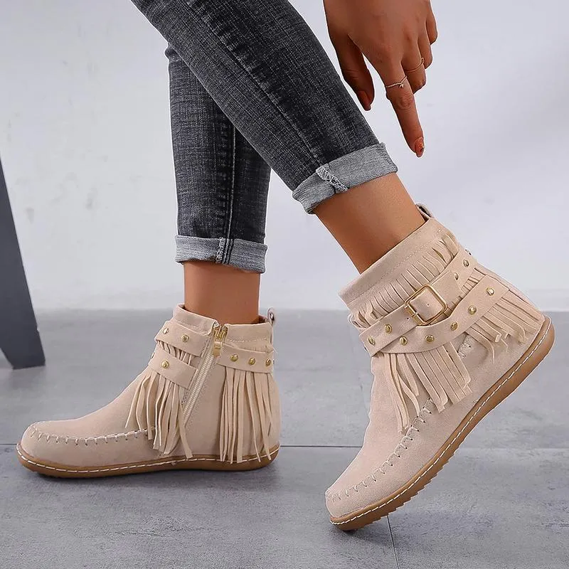 Chicvane New Women's Tassels Studded Flat Heel Ankle Boots With Side Zipper