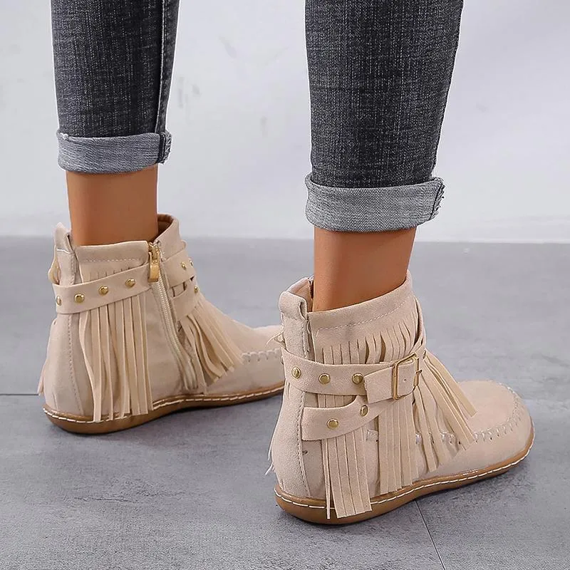 Chicvane New Women's Tassels Studded Flat Heel Ankle Boots With Side Zipper