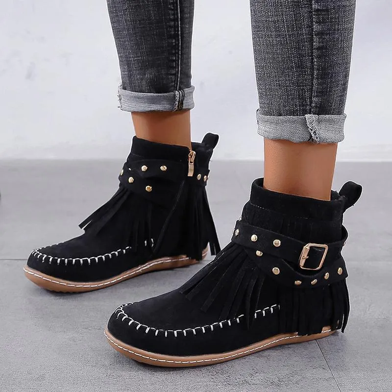 Chicvane New Women's Tassels Studded Flat Heel Ankle Boots With Side Zipper