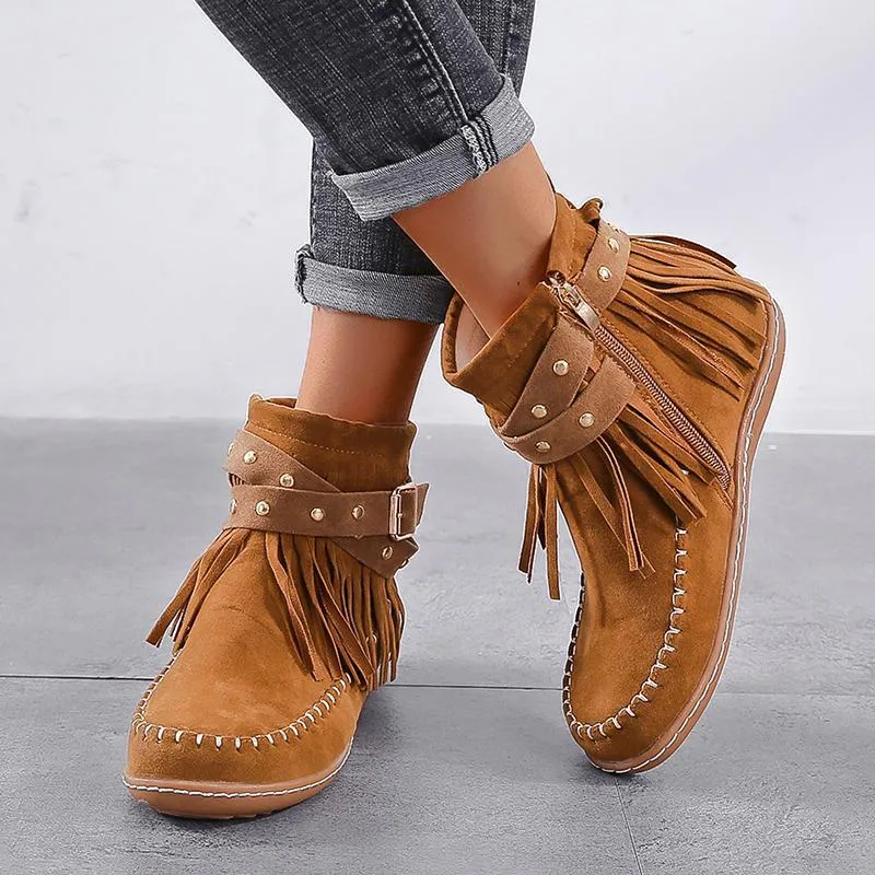 Chicvane New Women's Tassels Studded Flat Heel Ankle Boots With Side Zipper