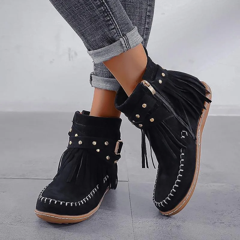Chicvane New Women's Tassels Studded Flat Heel Ankle Boots With Side Zipper