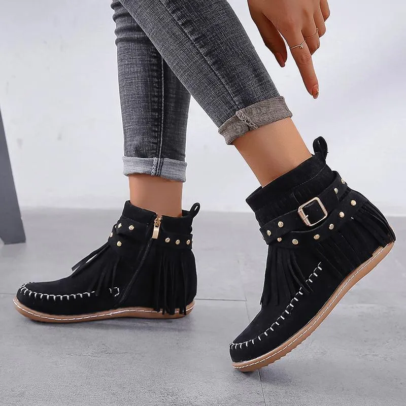 Chicvane New Women's Tassels Studded Flat Heel Ankle Boots With Side Zipper