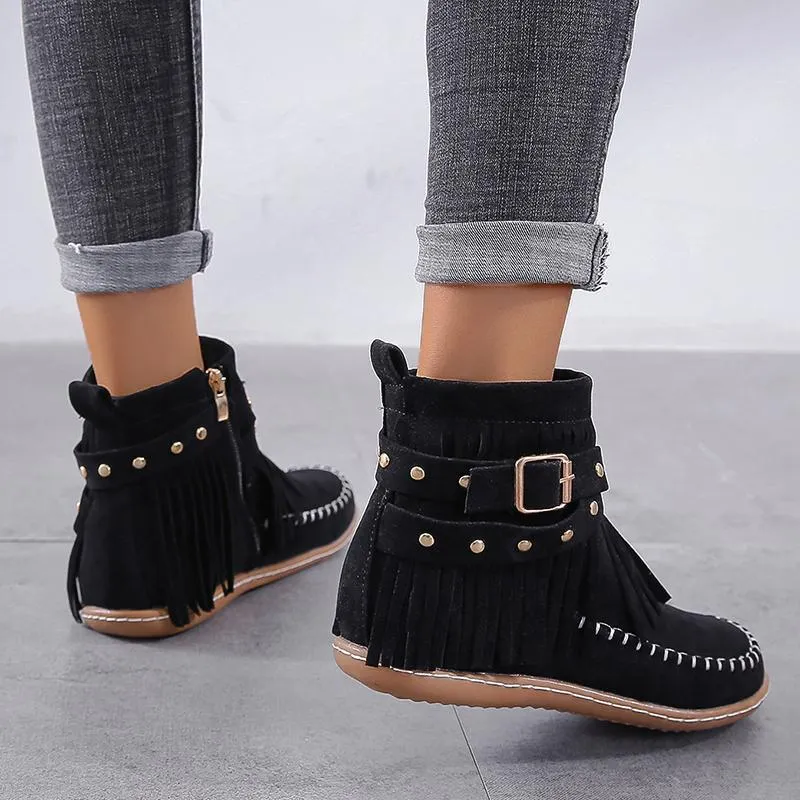 Chicvane New Women's Tassels Studded Flat Heel Ankle Boots With Side Zipper