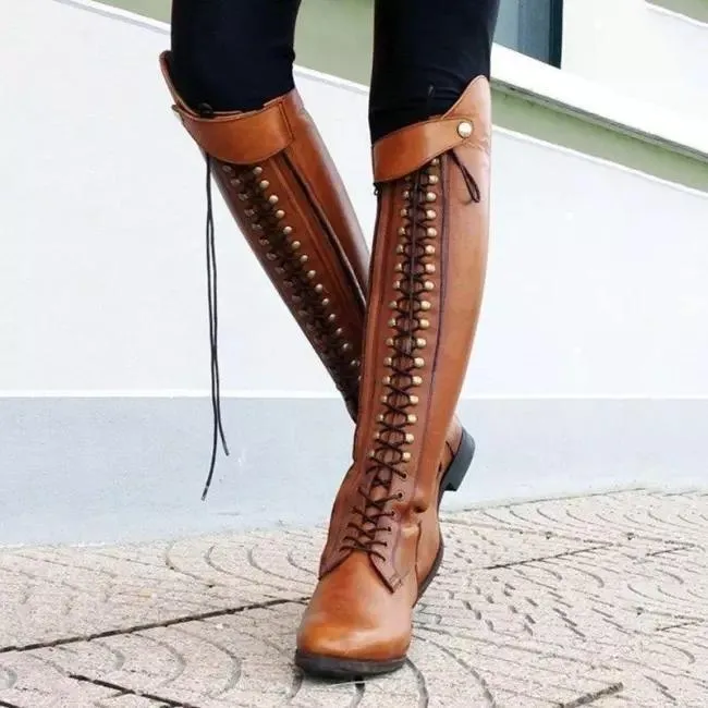 Chicvane Women's Low Chunky Heel Knee High Boots Strappy Retro Riding Boot