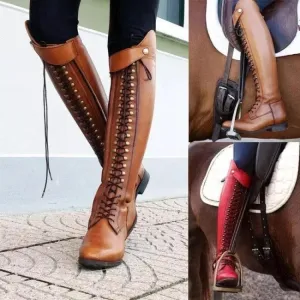Chicvane Women's Low Chunky Heel Knee High Boots Strappy Retro Riding Boot